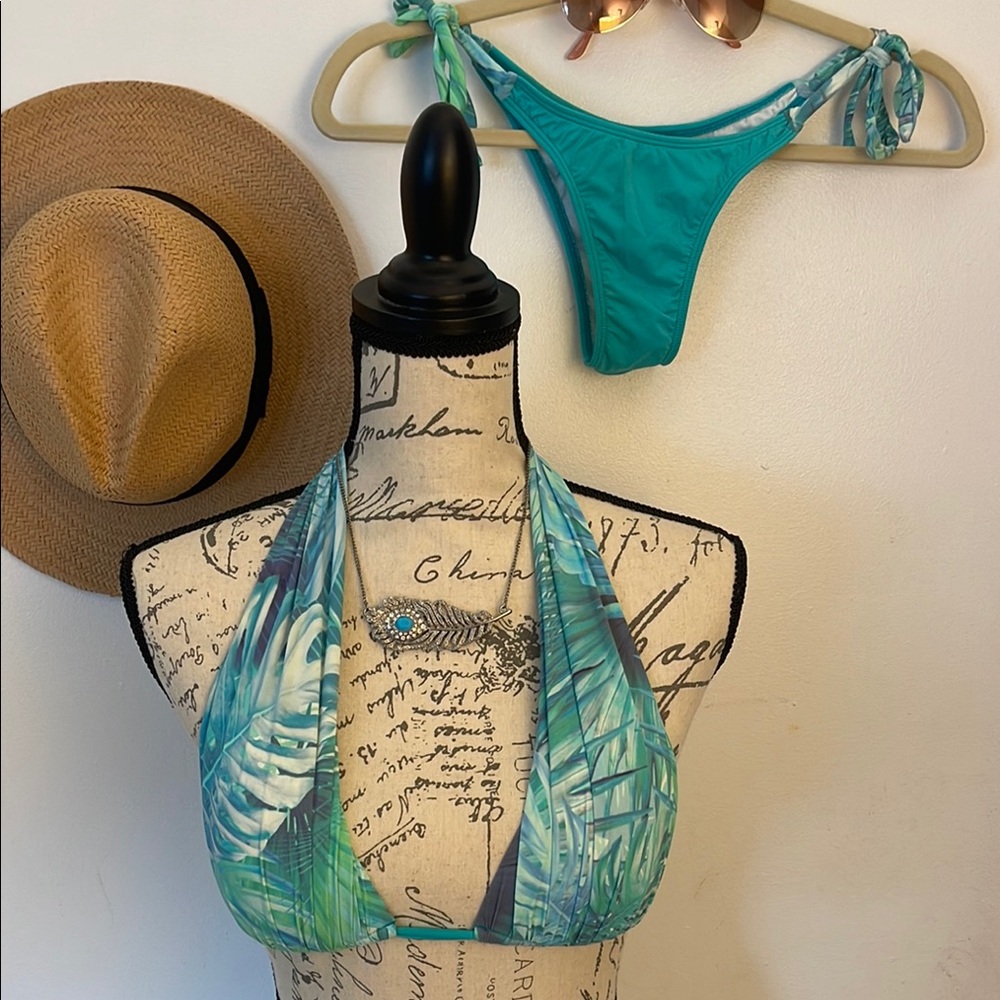 Bambu | Teal and Leaf Print Bikini Set Size Medium
